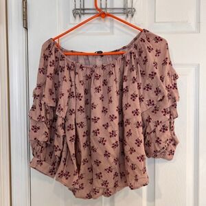 American Eagle Floral Off the Shoulder Ruffle Sleeve Blouse Pink Small Boho Top